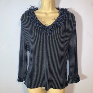 Rave vintage ribbed vertical Striped Fringe V-Neck Sweater blue size XL